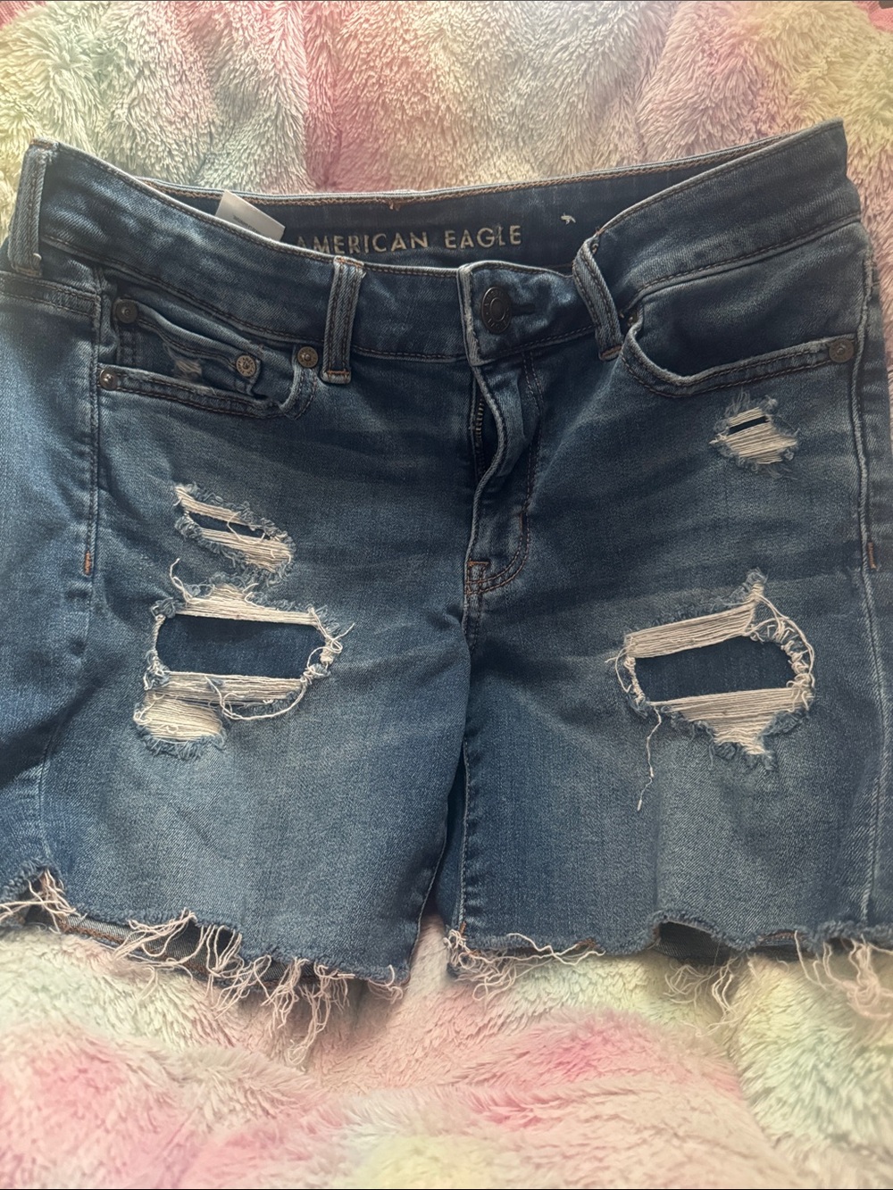 American Eagle Outfitters Distressed Blue Denim Frayed Hem Shorts